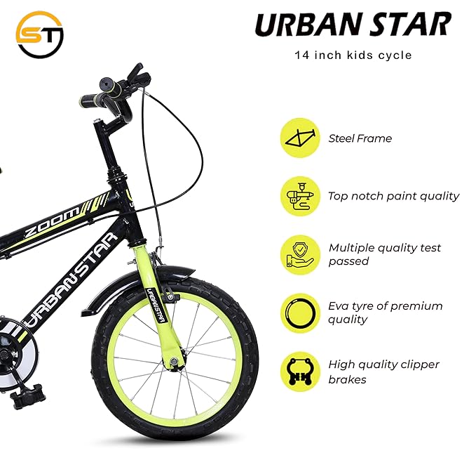 URBANSTAR Zoom 14T Kids Electric Cycle | 14 Inch Tyres | Double Seat | Safe & Stylish E-Bike for Boys & Girls (3–5 Years)