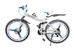 QUESEC Foldable Electric Bike Alternative – 21‑Speed Carbon Steel MTB, Dual Disc Brakes, 26″ Mag Wheels (White)