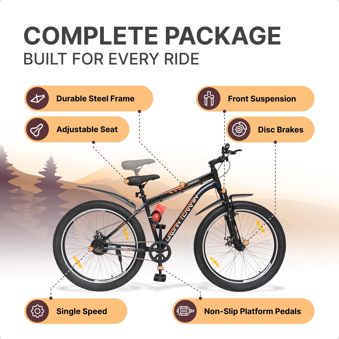 Urban Terrain Galaxy Pro 26T MTB – High-Performance Single-Speed Pedal Bike with Dual Disc Brakes & Front Suspension | Affordable Alternative to Electric Bikes