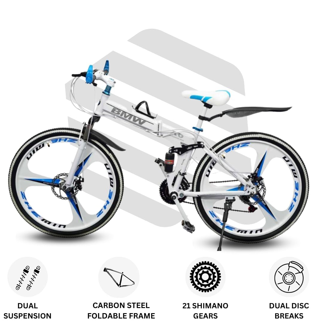 QUESEC Foldable Electric Bike Alternative – 21‑Speed Carbon Steel MTB, Dual Disc Brakes, 26″ Mag Wheels (White)