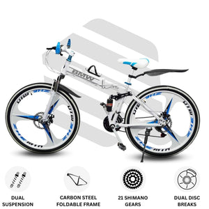 QUESEC Foldable Electric Bike Alternative – 21‑Speed Carbon Steel MTB, Dual Disc Brakes, 26″ Mag Wheels (White)