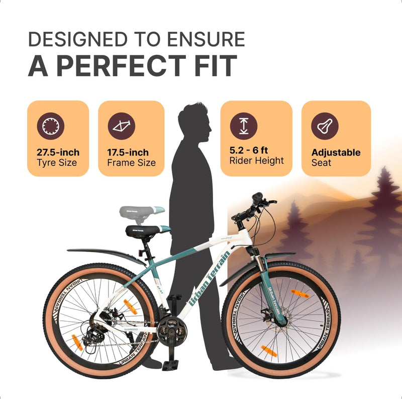 Urban Terrain Aeroblast 27.5T MTB Gear Cycle for Men | 21-Speed Alloy Mountain Bike with Front Suspension, Double Disc Brakes & Adjustable Saddle | Best E-Bike Alternative for Adults & Teens