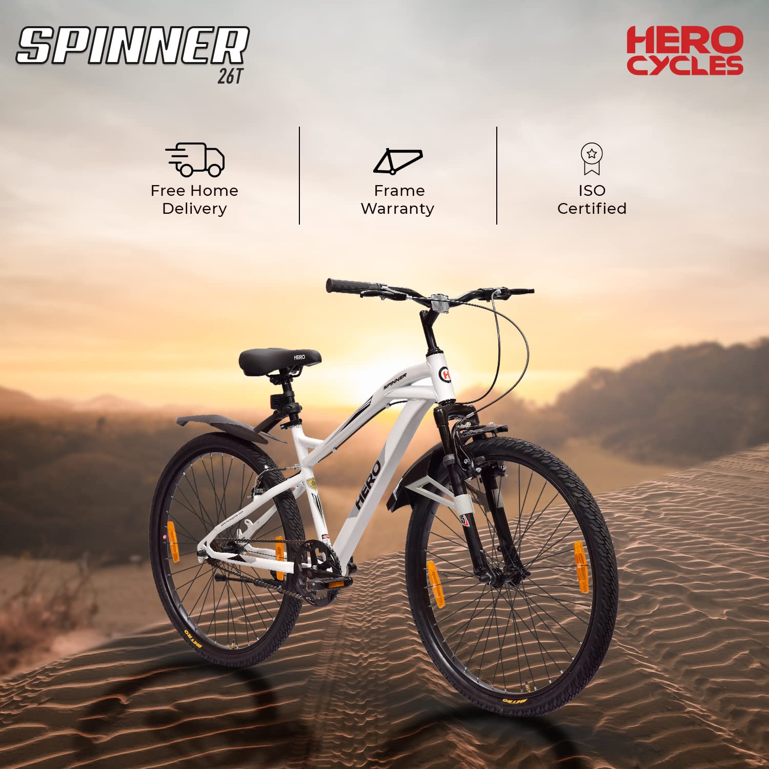 Hero Spinner 26T Mountain Bike – Best Affordable Alternative to Electric Bike with Front Suspension | White | Unisex