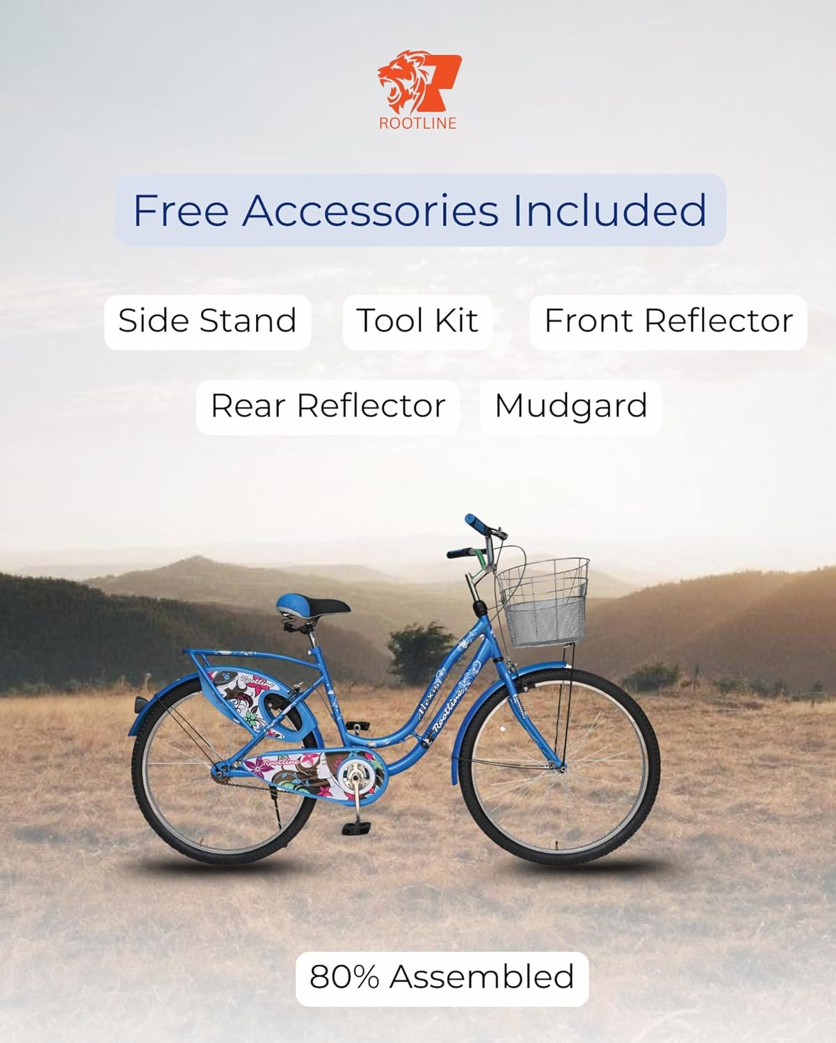 ROOTLINE Alexa Dark Blue Road Bike – Stylish Single-Speed Cycle with Front Basket & Chic Urban Design