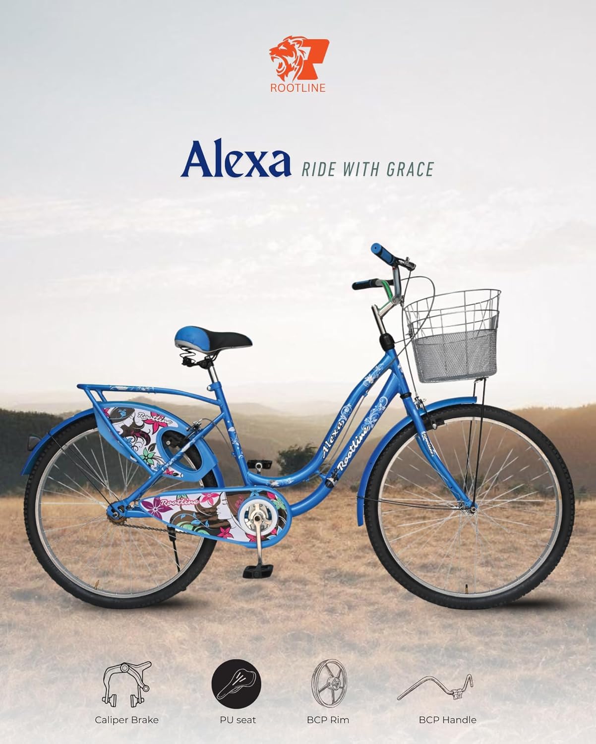 ROOTLINE Alexa Dark Blue Road Bike – Stylish Single-Speed Cycle with Front Basket & Chic Urban Design