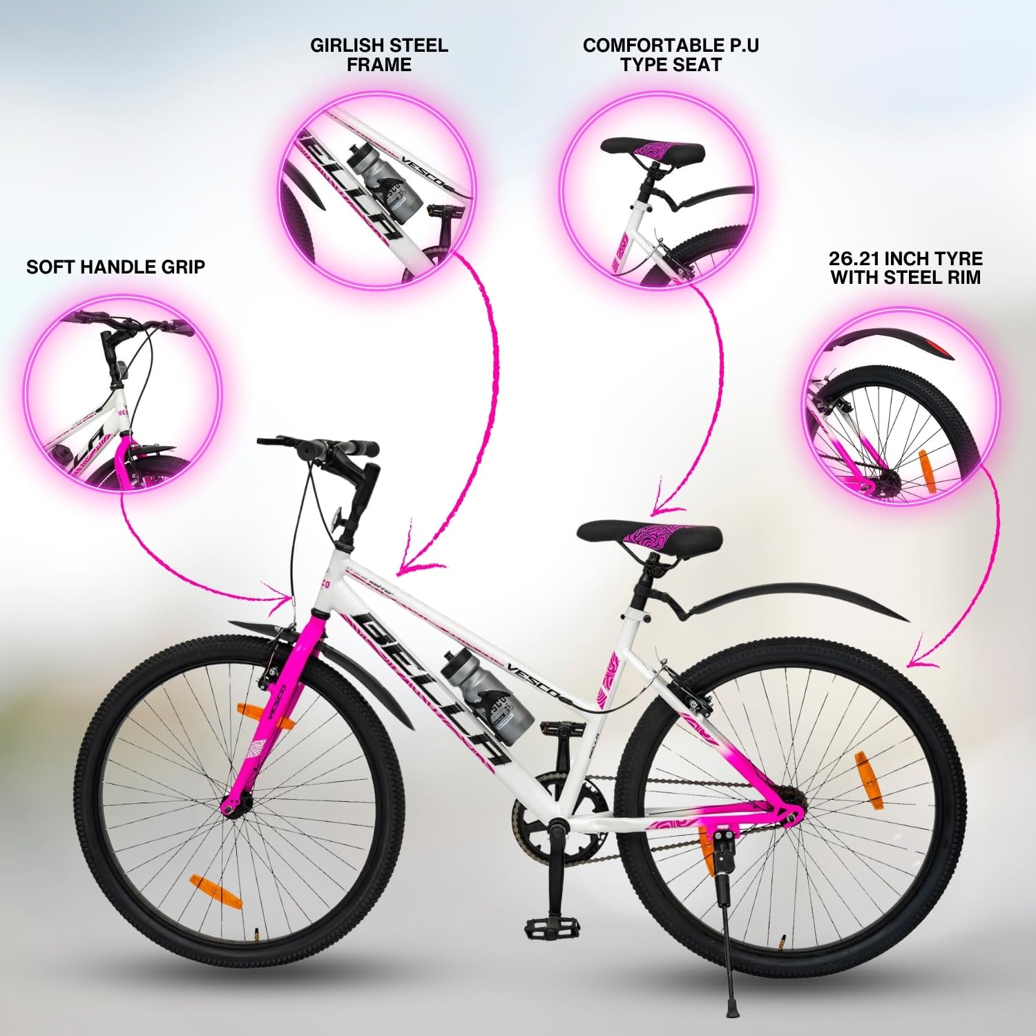 VESCO Bella 26T Women’s City Bike | Stylish Single-Speed Bicycle for Adults & Teens | Affordable Alternative to Electric Cycle for Girls | Pink