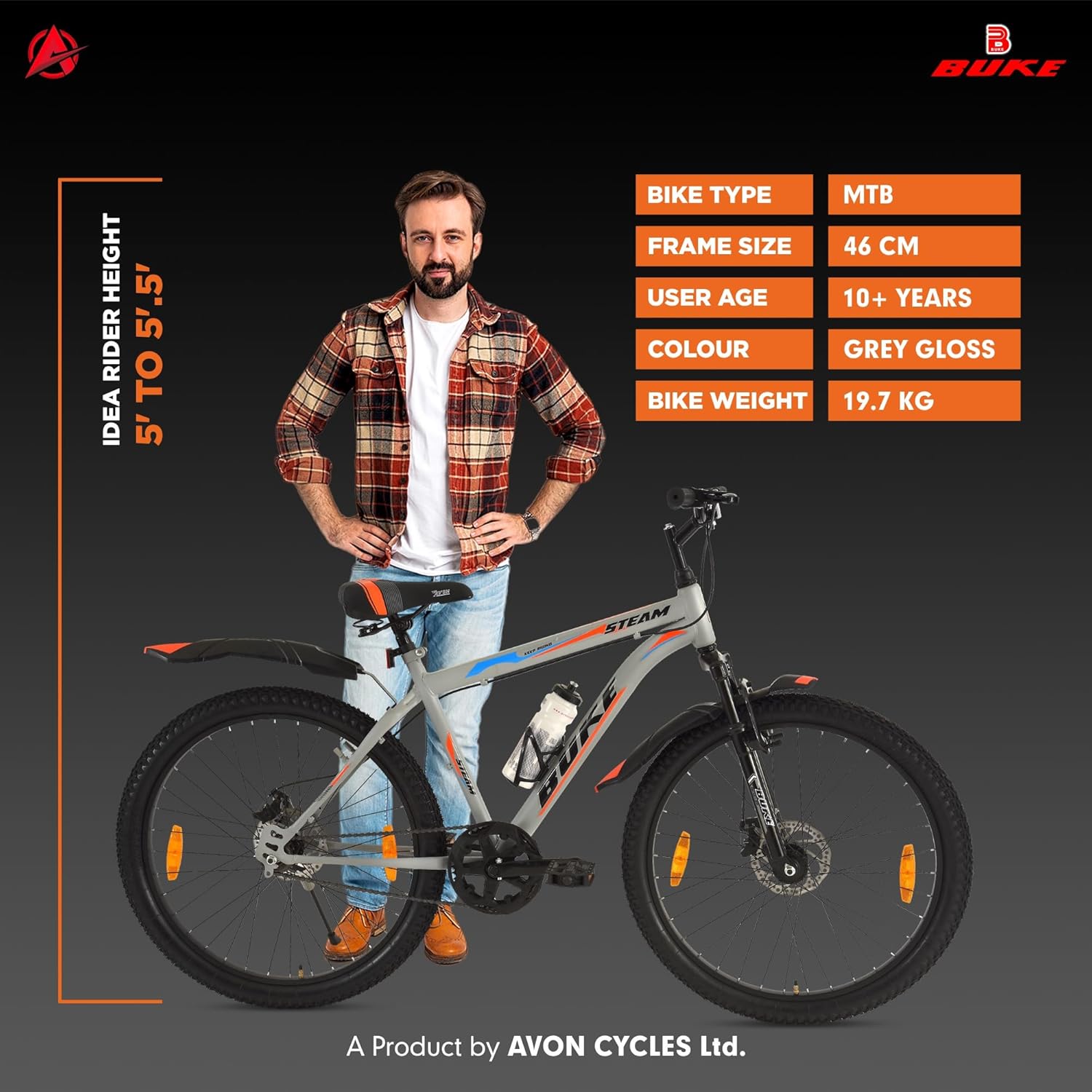 Avon Buke Steam 26T MTB Cycle for Men | Adult City Bike with 18-Inch High-Tensile Steel Frame, 15-Speed Gear, Disc Brake, Suspension Fork | Alloy Wheels | Matt Gloss Grey