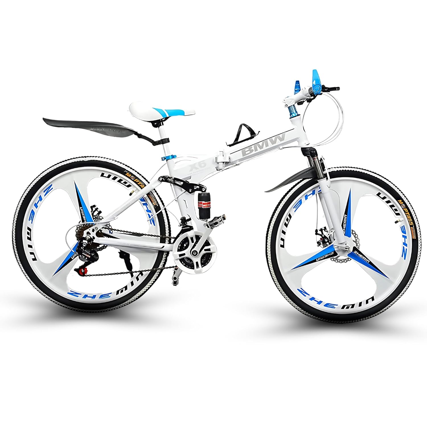 QUESEC Foldable Electric Bike Alternative – 21‑Speed Carbon Steel MTB, Dual Disc Brakes, 26″ Mag Wheels (White)