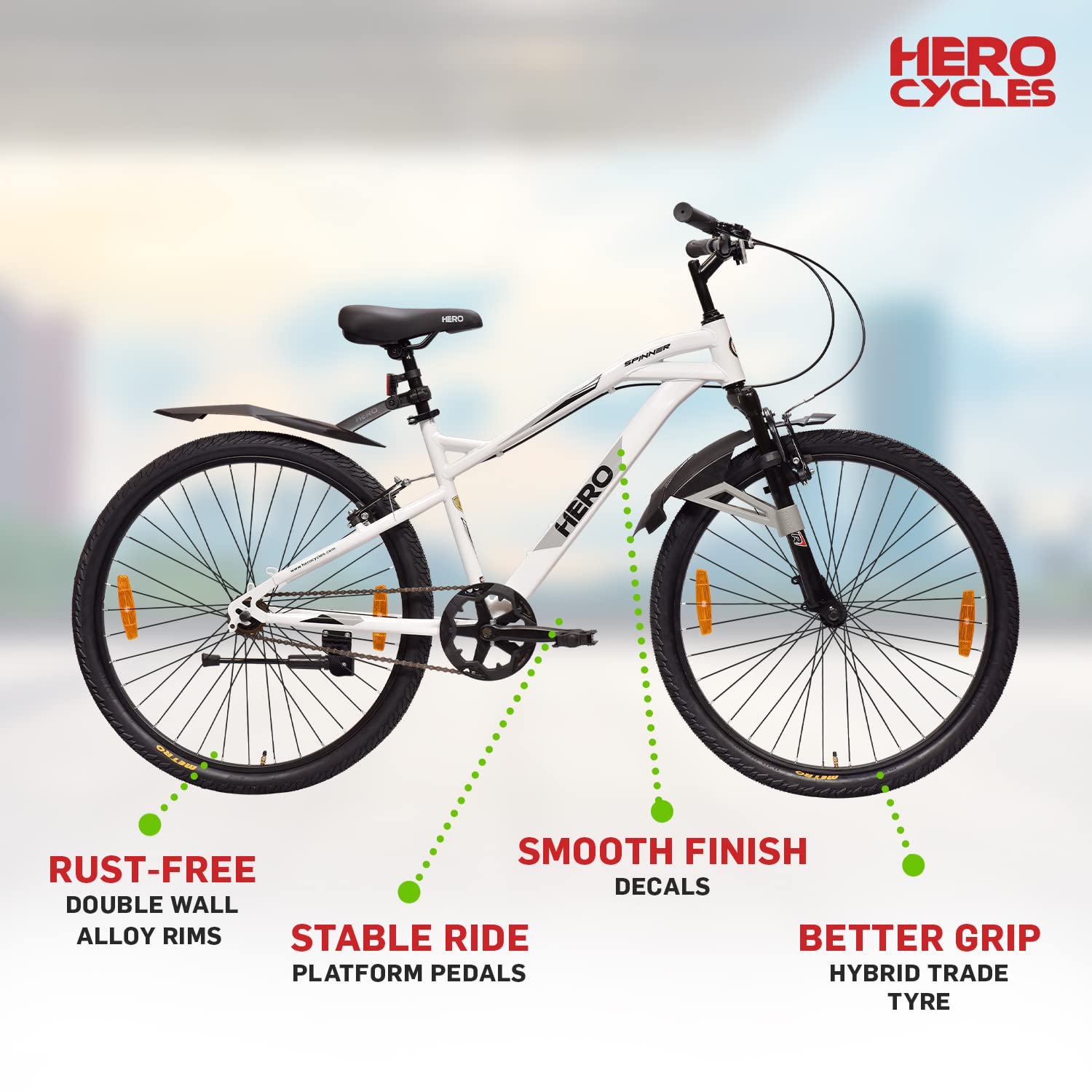 Hero Spinner 26T Mountain Bike – Best Affordable Alternative to Electric Bike with Front Suspension | White | Unisex