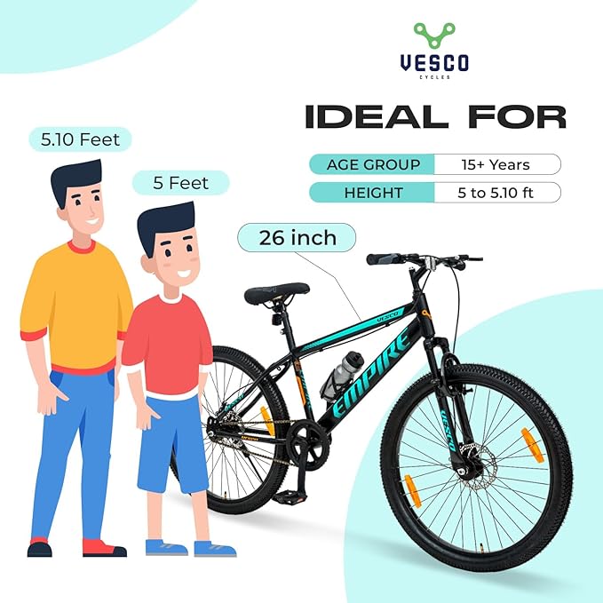 VESCO Empire 26T Mountain Bike – Best Electric Bike Alternative for Men & Boys | Dual Disc Brakes, Front Suspension, Single Speed | Affordable E-Bike Style Cycle for Adults (Black)