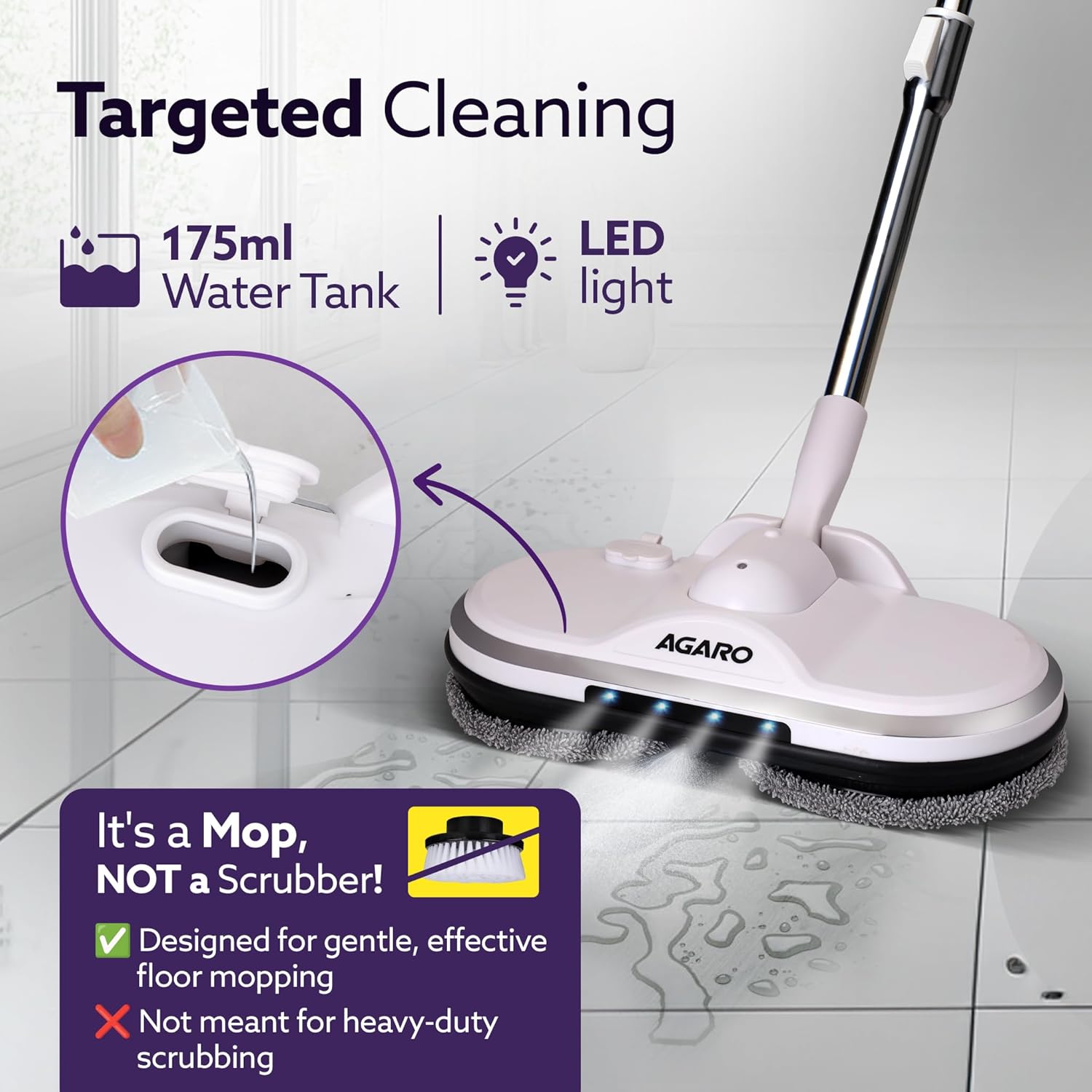 AGARO Regency Electric Spin Mop | Cordless Automatic Floor Cleaner with Water Spray | 150 RPM Wet Mopping for Wooden, Tiles, Marble & Hard Floors | Lightweight Adjustable Handle | Home & Office Use