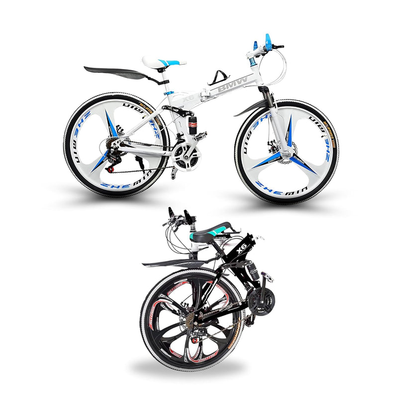 QUESEC Foldable Electric Bike Alternative – 21‑Speed Carbon Steel MTB, Dual Disc Brakes, 26″ Mag Wheels (White)