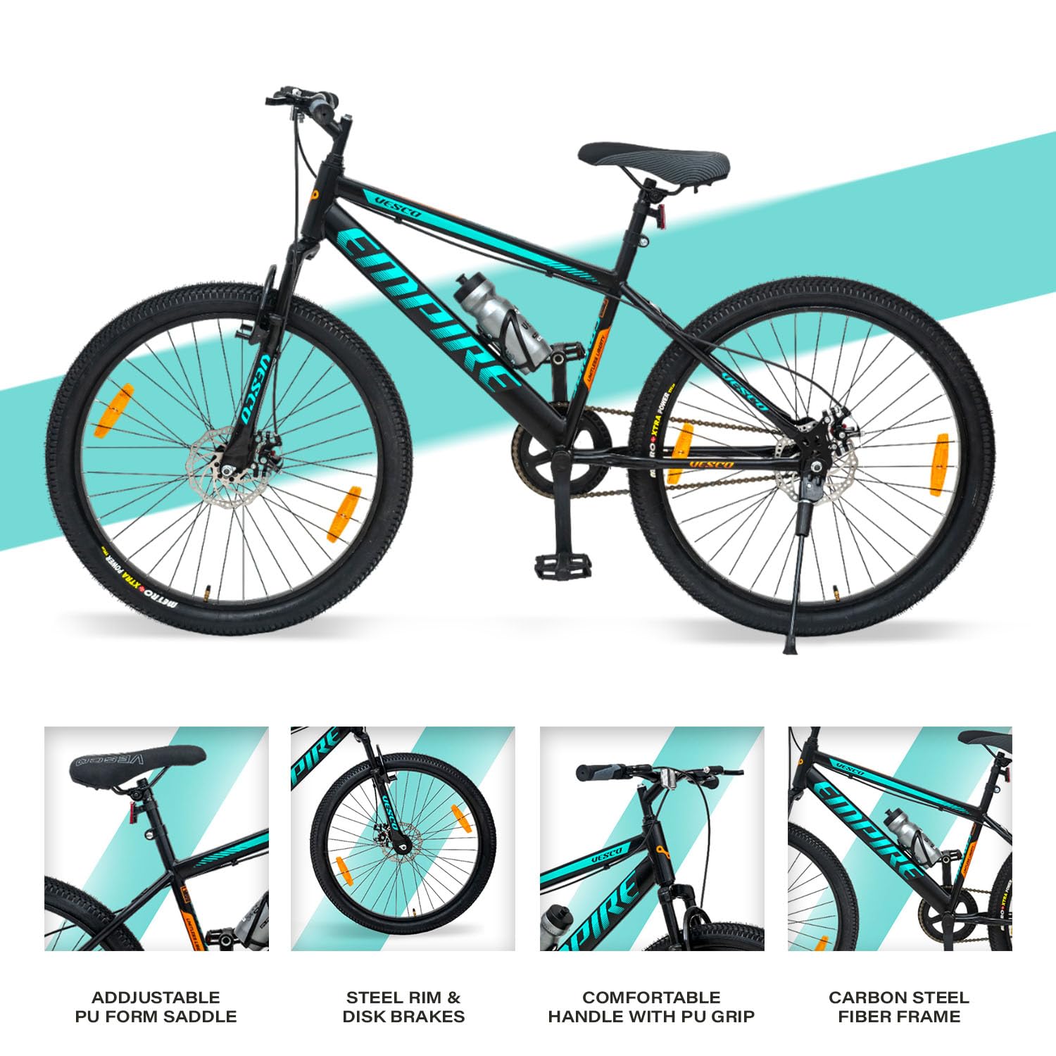 VESCO Empire 26T Mountain Bike – Best Electric Bike Alternative for Men & Boys | Dual Disc Brakes, Front Suspension, Single Speed | Affordable E-Bike Style Cycle for Adults (Black)