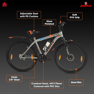 Avon Buke Steam 26T MTB Cycle for Men | Adult City Bike with 18-Inch High-Tensile Steel Frame, 15-Speed Gear, Disc Brake, Suspension Fork | Alloy Wheels | Matt Gloss Grey