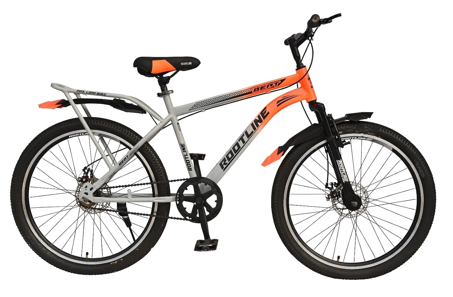 ROOTLINE Beat IBC 26T Mountain Electric‑Style Cycle – Front Suspension, Dual Disc Brakes, Alloy Rims (Grey & Orange)