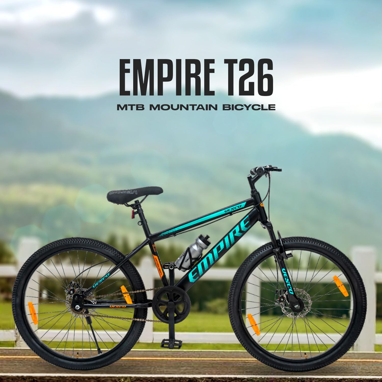 VESCO Empire 26T Mountain Bike – Best Electric Bike Alternative for Men & Boys | Dual Disc Brakes, Front Suspension, Single Speed | Affordable E-Bike Style Cycle for Adults (Black)