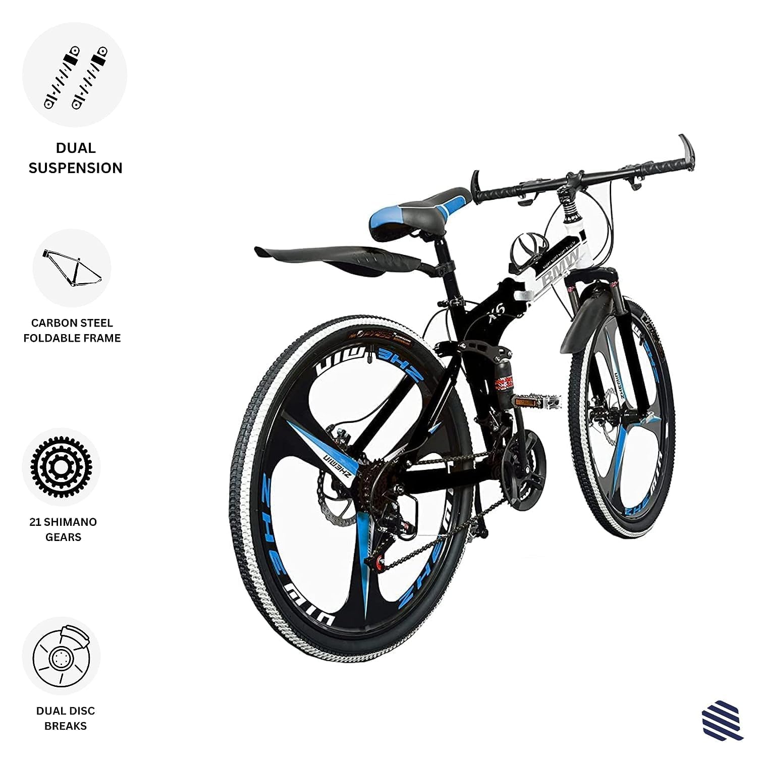 QUESEC BMV Foldable Electric Bike 21-Speed – Best e Bicycle for Adults, Boys & Teens with Dual Disc Brakes, Carbon Steel Frame & Hydraulic Suspension