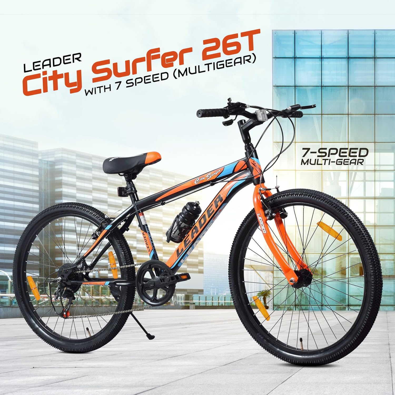 Leader City Surfer 26T Electric Cycle | 7-Speed Affordable E-Bike with Alloy Steel Frame (Matt Black & Orange)