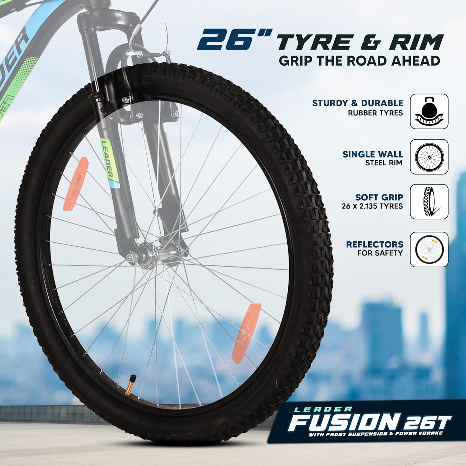 Leader Fusion 26T MTB Cycle for Men – Best Alternative to Electric Bike | Front Suspension | Single-Speed | Matte Black-Green Frame | 18-Inch