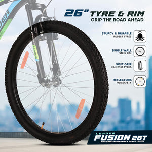 Leader Fusion 26T MTB Cycle for Men – Best Alternative to Electric Bike | Front Suspension | Single-Speed | Matte Black-Green Frame | 18-Inch