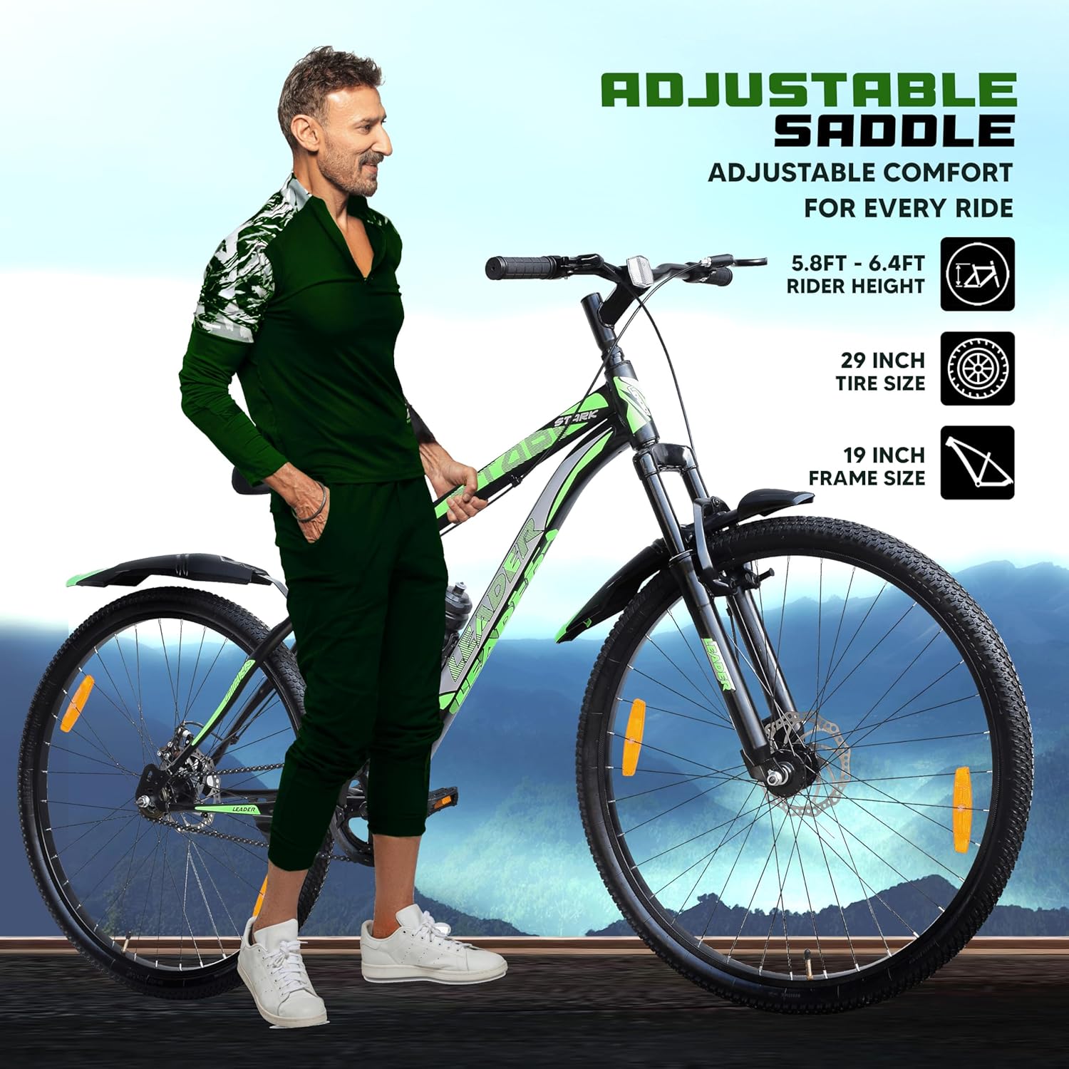 Leader Stark 29T MTB Cycle for Adults with Dual Disc Brakes | Affordable Alternative to Electric Bike & E Bicycle | Complete Accessories Included | Mountain Bike for Men | Steel Frame