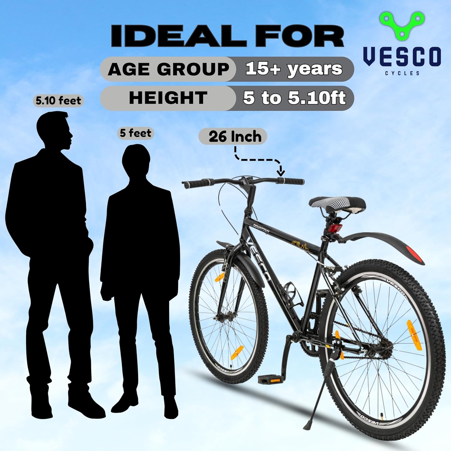 VESCO Downtown 26T Electric Cycle | Affordable E-Bike for Men with Steel Frame & Hybrid Design