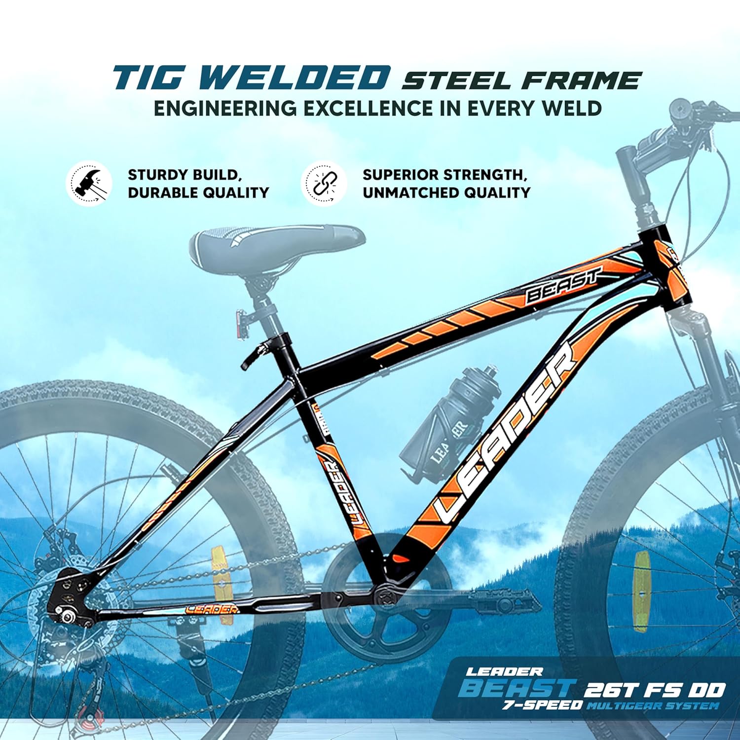 Leader Beast 26T 7-Speed Mountain Bike for Men – Affordable Alternative to Electric Bikes with Dual Disc Brakes & Front Suspension