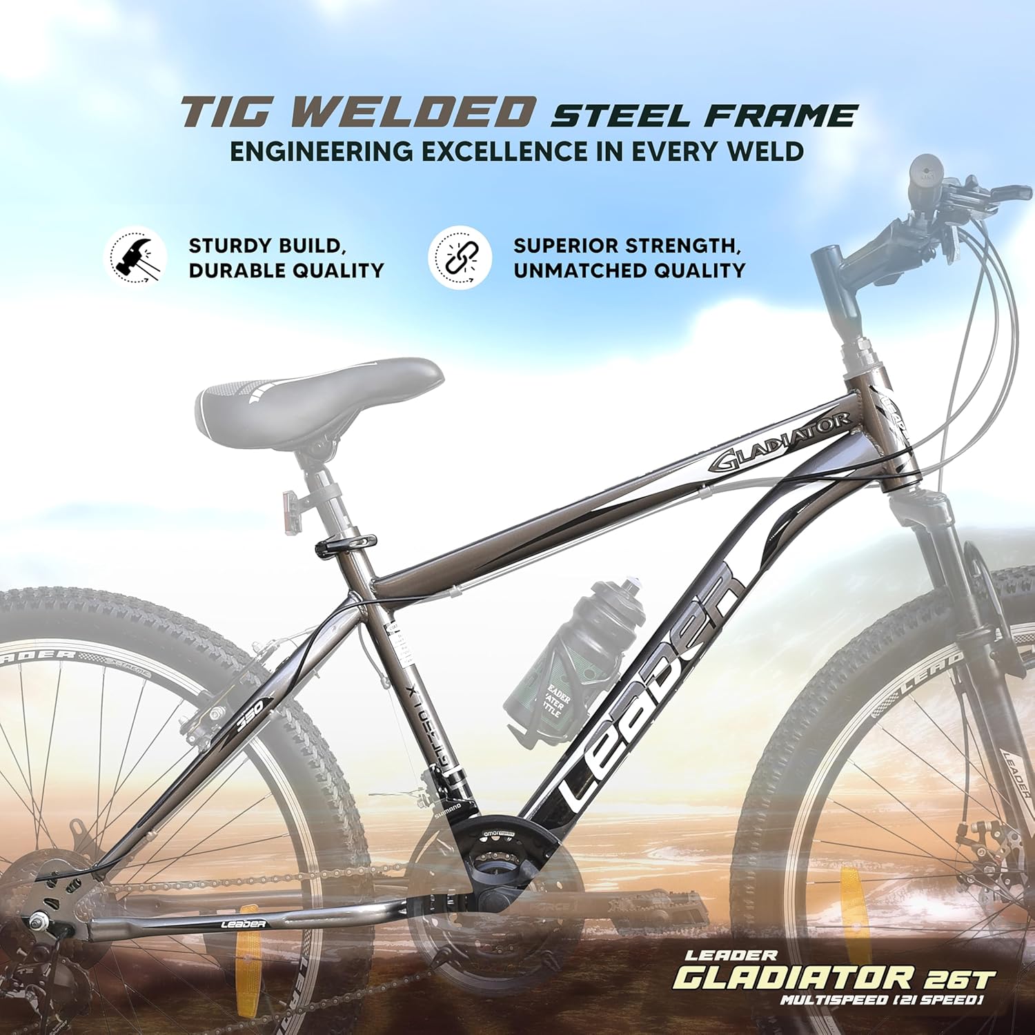 Leader Gladiator 26T 21-Speed Mountain Bike for Adults – Gear Cycle with Front Suspension & Disc Brakes | Affordable Alternative to Electric Bicycle for Men & Teens