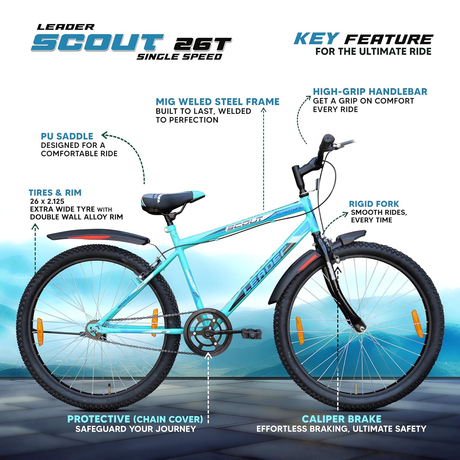 Leader Scout MTB 26T Mountain Electric‑style Bicycle – Single‑Speed, Sea Green for Men & Youth