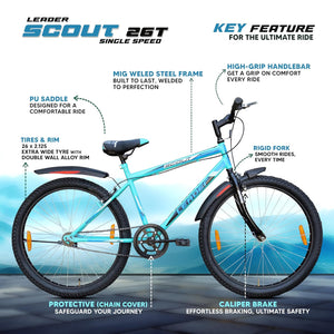 Leader Scout MTB 26T Mountain Electric‑style Bicycle – Single‑Speed, Sea Green for Men & Youth