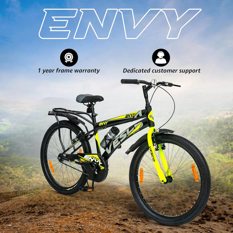 VESCO Envy 26T Road Bike for Men – Affordable Single Speed Black Cycle with Carrier | Best Alternative to Electric Bikes