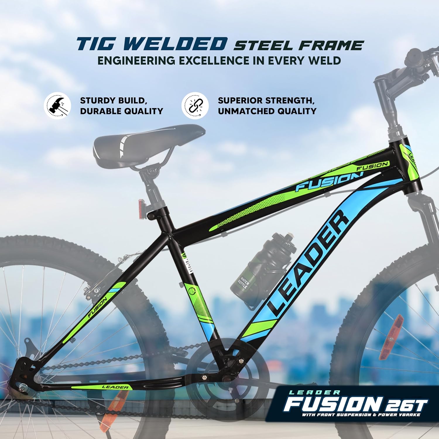 Leader Fusion 26T MTB Cycle for Men – Best Alternative to Electric Bike | Front Suspension | Single-Speed | Matte Black-Green Frame | 18-Inch