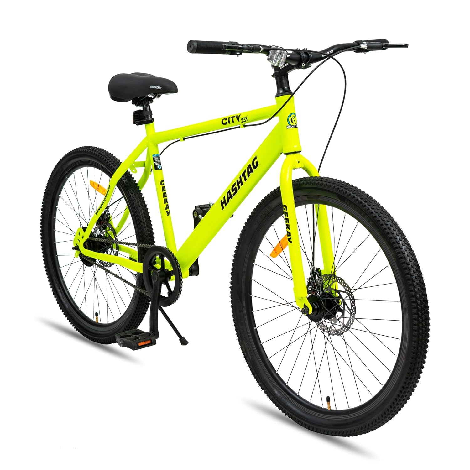Geekay Hashtag 26T Single Speed Mountain Cycle with Dual Disc Brakes – Best E-Bike Style Bicycle for Teens & Adults | Neon Green | Affordable Electric Bike Alternative in India