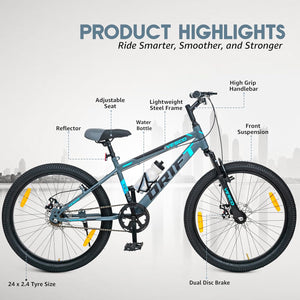 VESCO 24T Drift Kids Mountain Bike – Single‑Speed MTB with Dual Disc Brakes & Suspension | Affordable Ride for Teens (9‑14 Years)