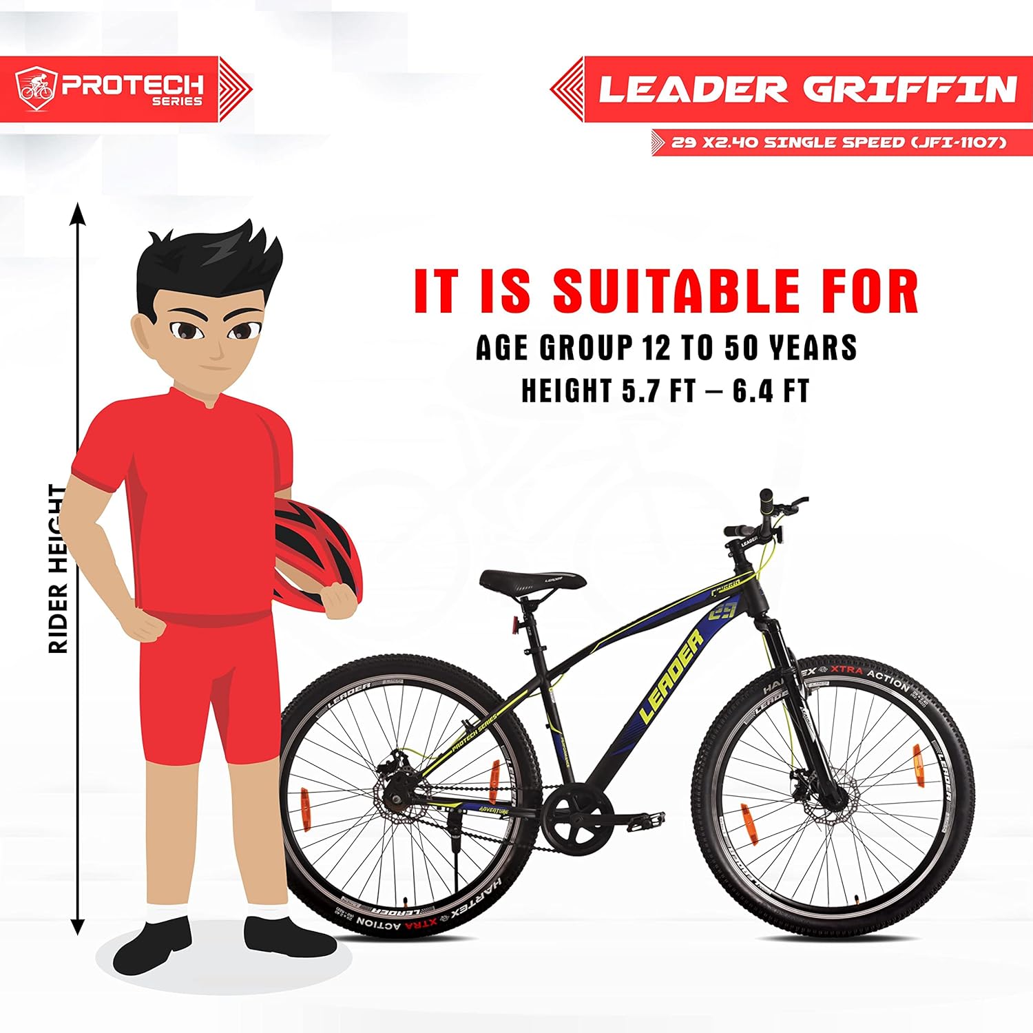 Leader Griffin 29T Single Speed MTB Cycle – Mountain Bike with Dual Disc Brake & Front Suspension | Affordable Eco Bike Alternative for Teens and Adults