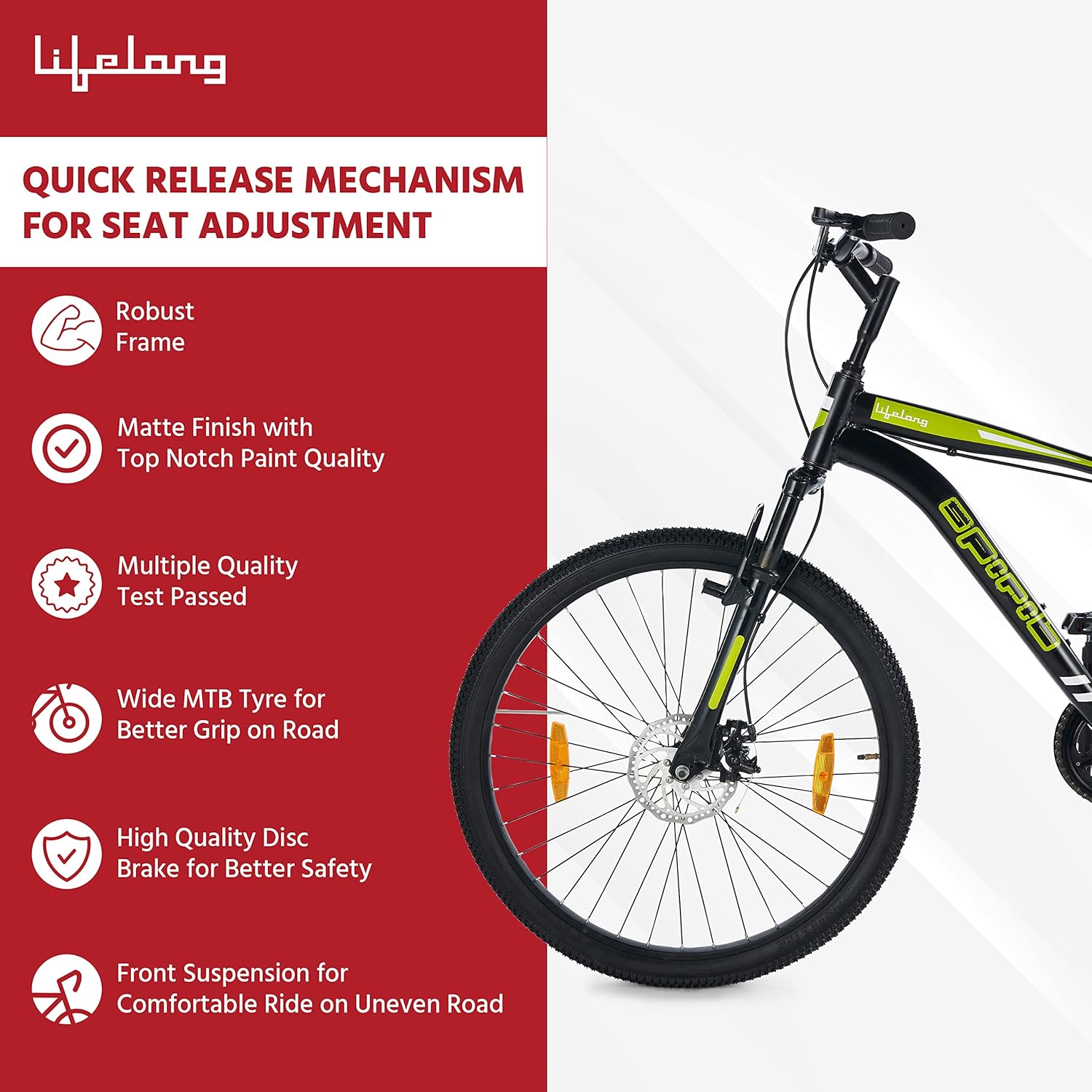 Lifelong Spirit 26T Electric-Like BMX Cycle with Disc Brake & Suspension – Affordable Battery-Less Eco Bike for Adults & Teens (Matte Black, 18” Frame)