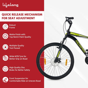 Lifelong Spirit 26T Electric-Like BMX Cycle with Disc Brake & Suspension – Affordable Battery-Less Eco Bike for Adults & Teens (Matte Black, 18” Frame)