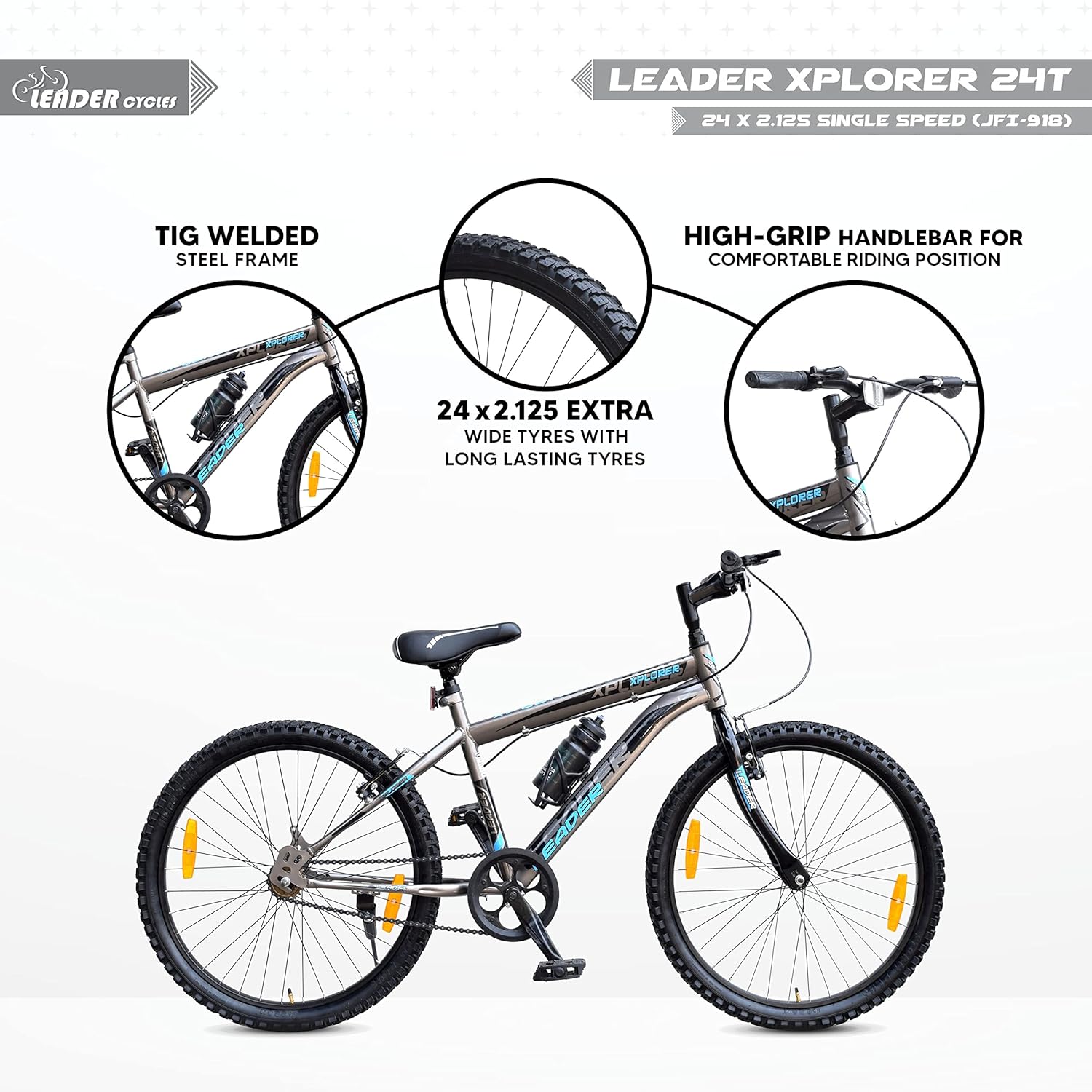 Leader Xplorer MTB 24T Single Speed Mountain Cycle | Best Kids’ Bike for Boys & Girls Age 9–14 | Stylish Grey Sports Bicycle with Power Brakes & Sturdy Steel Frame