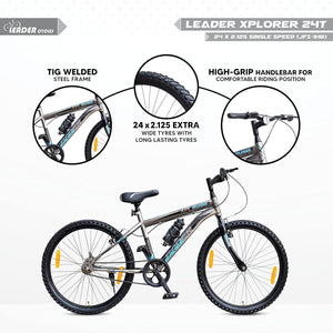 Leader Xplorer MTB 24T Single Speed Mountain Cycle | Best Kids’ Bike for Boys & Girls Age 9–14 | Stylish Grey Sports Bicycle with Power Brakes & Sturdy Steel Frame