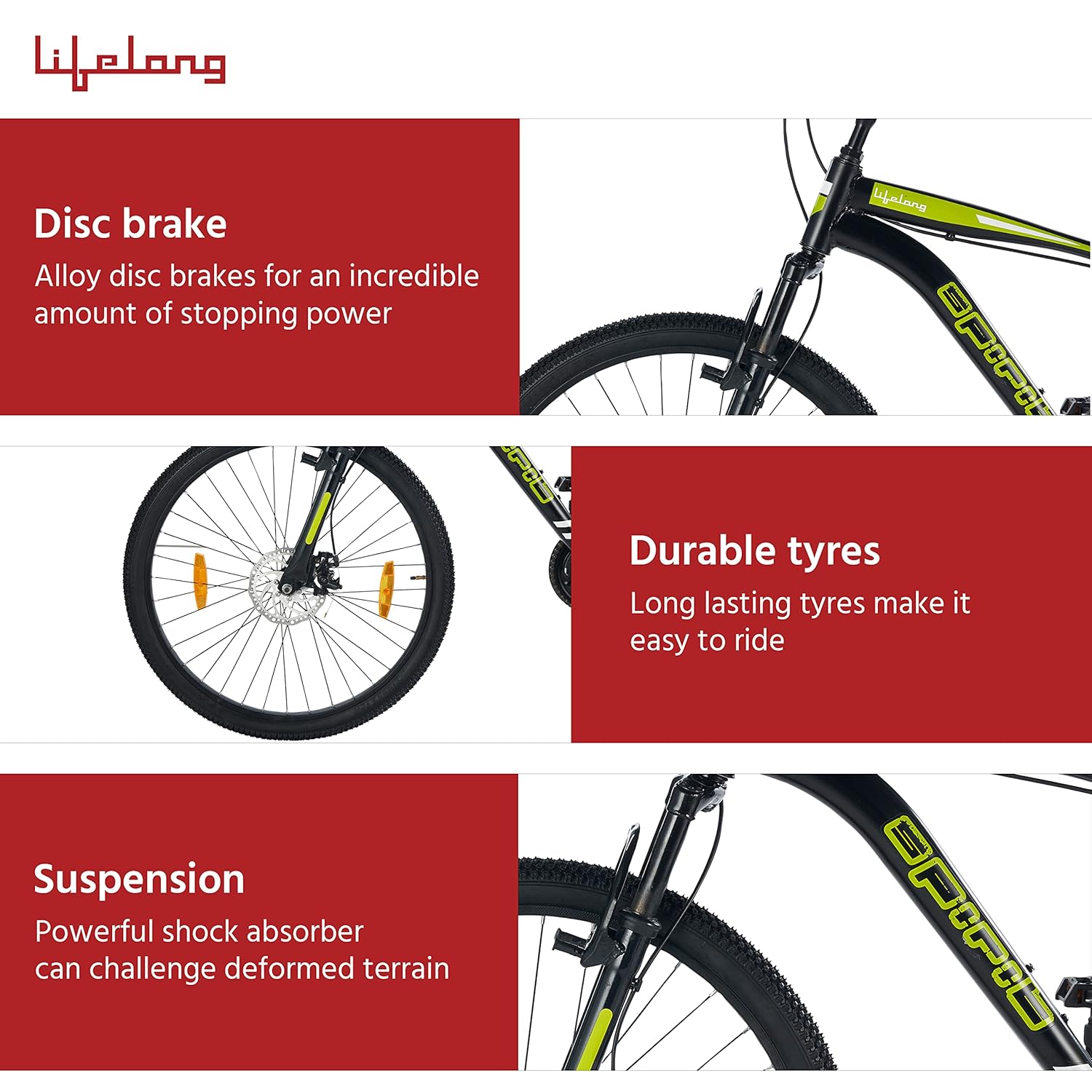 Lifelong Spirit 26T Electric-Like BMX Cycle with Disc Brake & Suspension – Affordable Battery-Less Eco Bike for Adults & Teens (Matte Black, 18” Frame)