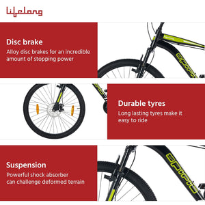 Lifelong Spirit 26T Electric-Like BMX Cycle with Disc Brake & Suspension – Affordable Battery-Less Eco Bike for Adults & Teens (Matte Black, 18” Frame)