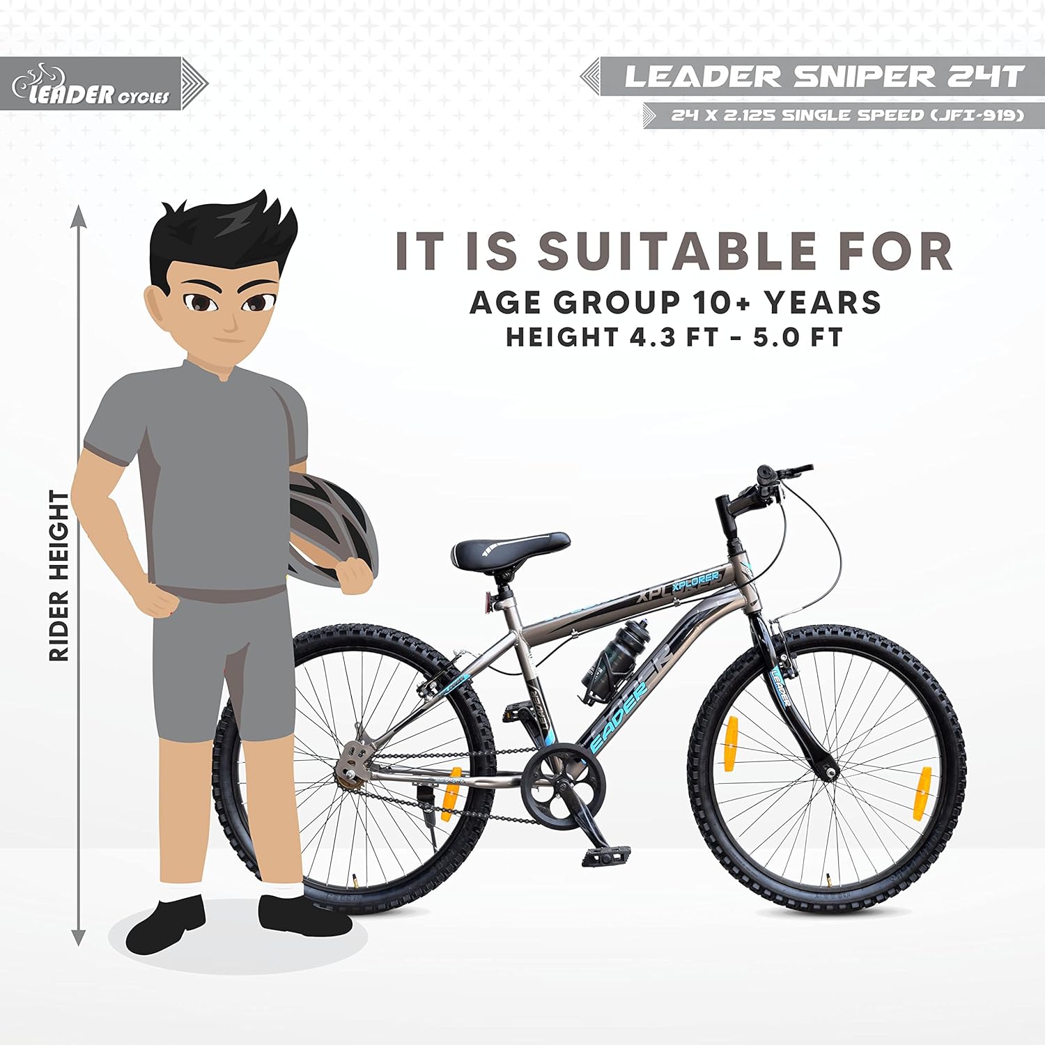 Leader Xplorer MTB 24T Single Speed Mountain Cycle | Best Kids’ Bike for Boys & Girls Age 9–14 | Stylish Grey Sports Bicycle with Power Brakes & Sturdy Steel Frame