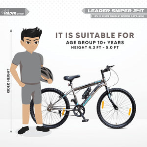 Leader Xplorer MTB 24T Single Speed Mountain Cycle | Best Kids’ Bike for Boys & Girls Age 9–14 | Stylish Grey Sports Bicycle with Power Brakes & Sturdy Steel Frame