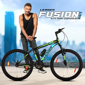 Leader Fusion 26T MTB Cycle for Men – Best Alternative to Electric Bike | Front Suspension | Single-Speed | Matte Black-Green Frame | 18-Inch