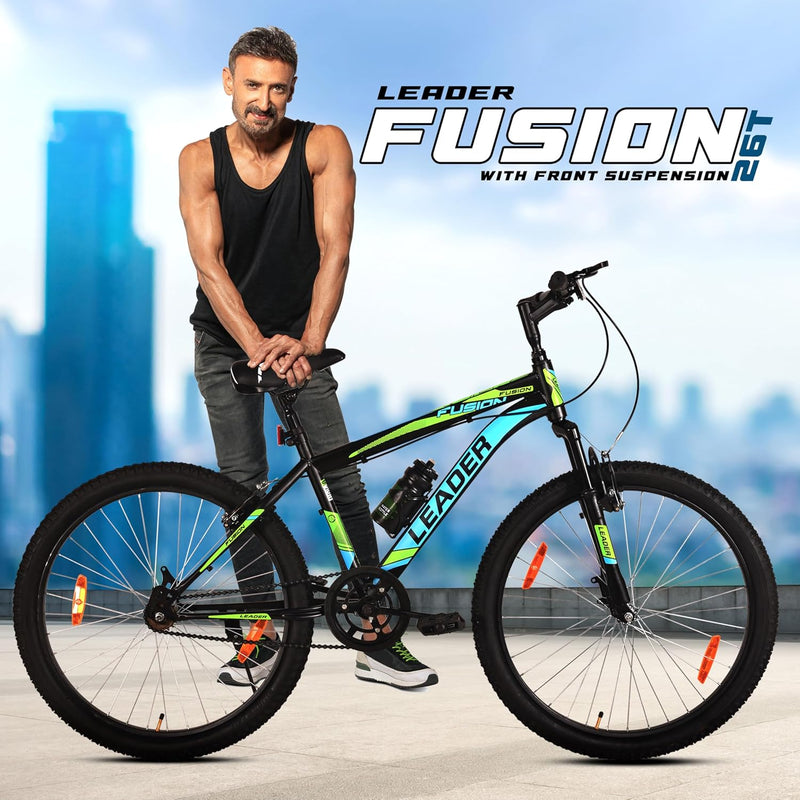 Leader Fusion 26T MTB Cycle for Men – Best Alternative to Electric Bike | Front Suspension | Single-Speed | Matte Black-Green Frame | 18-Inch
