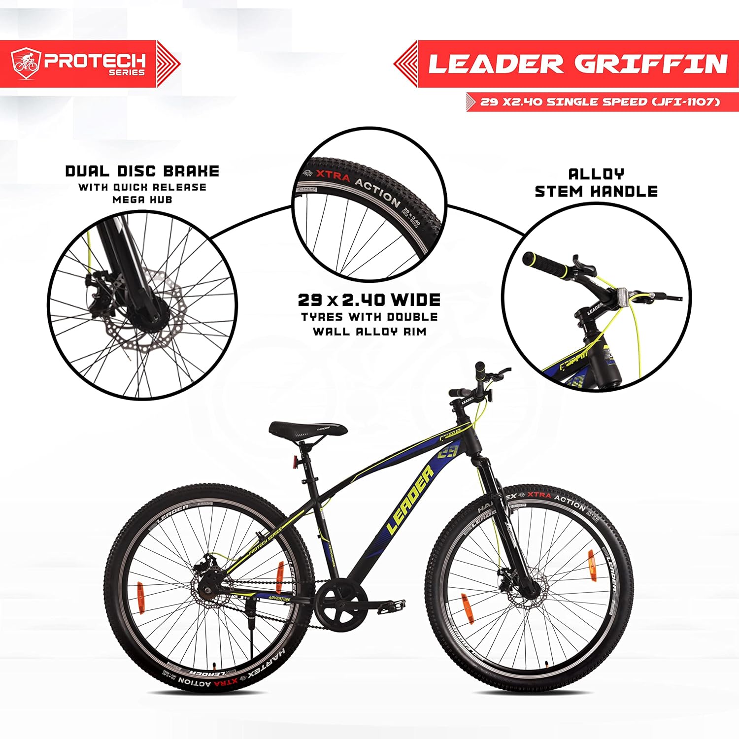 Leader Griffin 29T Single Speed MTB Cycle – Mountain Bike with Dual Disc Brake & Front Suspension | Affordable Eco Bike Alternative for Teens and Adults