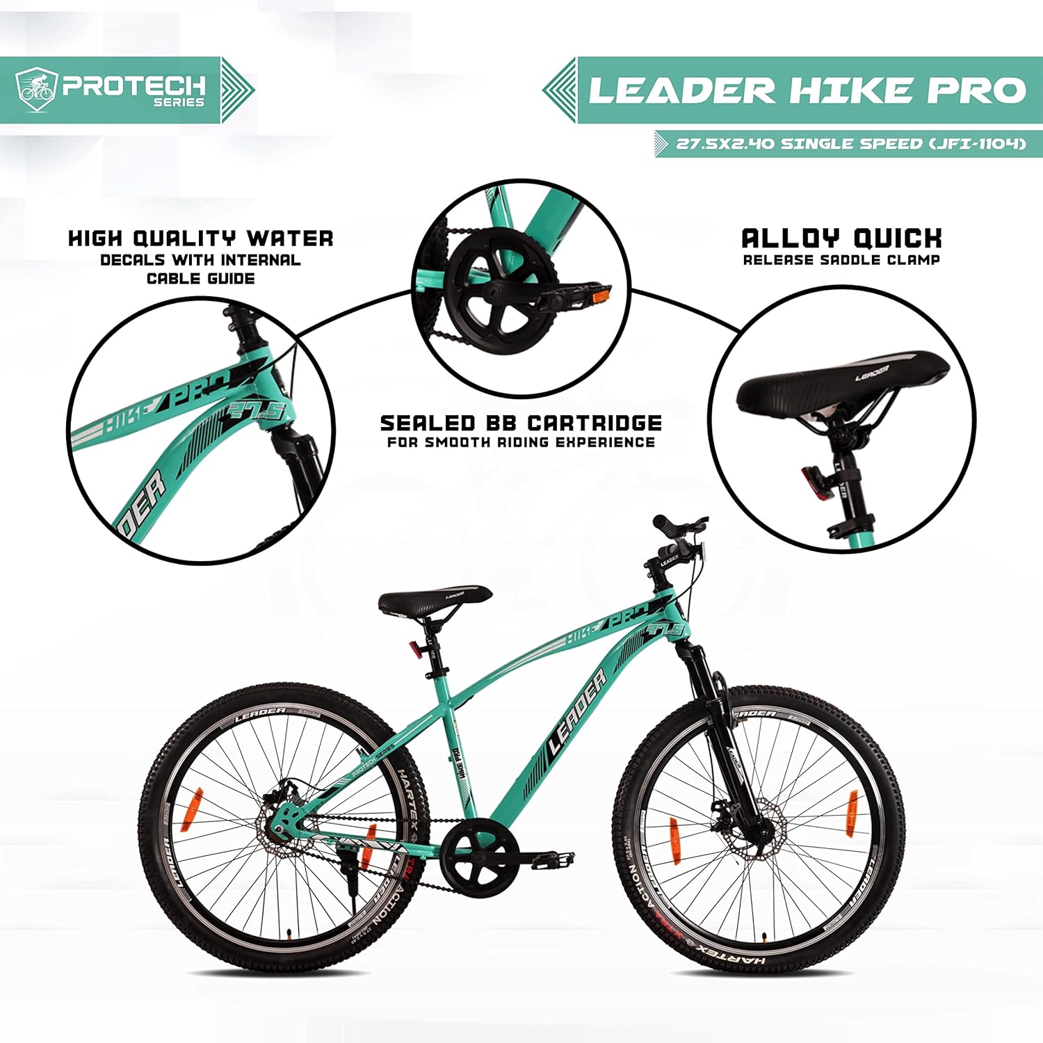 Leader Hike Pro 27.5T MTB Single Speed Mountain Cycle | Best Affordable Electric Bike Alternative for Adults & Teens | Dual Disc Brakes | Front Suspension | Sea Green