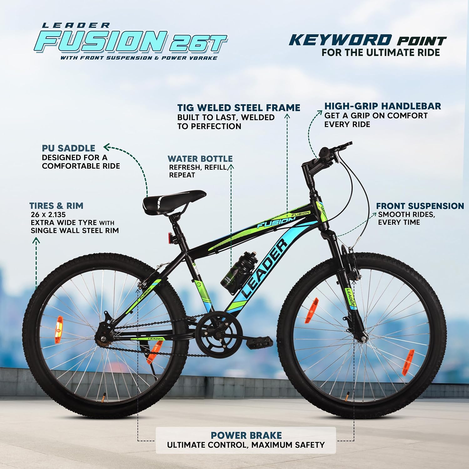 Leader Fusion 26T MTB Cycle for Men – Best Alternative to Electric Bike | Front Suspension | Single-Speed | Matte Black-Green Frame | 18-Inch