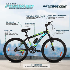 Leader Fusion 26T MTB Cycle for Men – Best Alternative to Electric Bike | Front Suspension | Single-Speed | Matte Black-Green Frame | 18-Inch