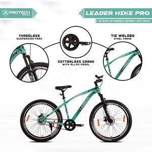 Leader Hike Pro 27.5T MTB Single Speed Mountain Cycle | Best Affordable Electric Bike Alternative for Adults & Teens | Dual Disc Brakes | Front Suspension | Sea Green